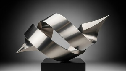 Sleek metallic abstract sculpture with twisting sharp curves displayed on a minimal pedestal under dramatic studio lighting.