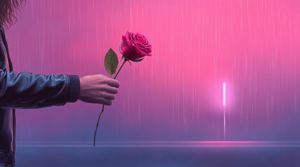 A single rose is offered in the rain, a simple gesture filled with love, regret, and unspoken emotion.