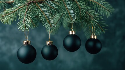 Dark green christmas tree with black and gold baubles on spruce branches, dark background, copy space, close up view, perfect for festive banner design and holiday themed layouts.