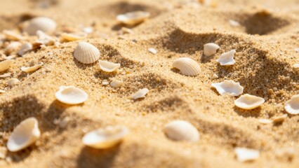 view of textured golden beach sand covered in small white marine bivalve shells illuminated by strong summer sunlight.