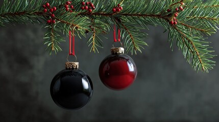 Dark green christmas tree with black and gold baubles on spruce branches, dark background, copy space, close up view, perfect for festive banner design and holiday themed layouts.