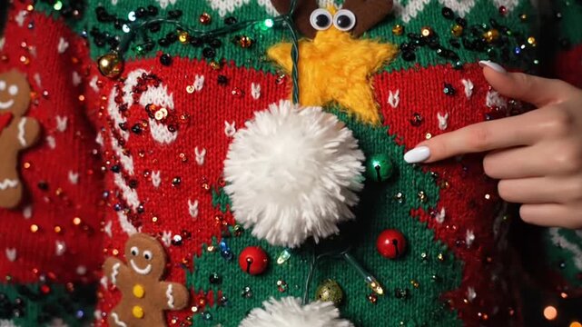 Ugly Christmas Sweater: a section of a truly hideous Christmas sweater (sequins, 3D elements) being proudly modeled. 