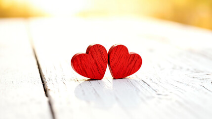 Two red hearts symbolizing love and romance on a rustic white wooden surface, perfect for Valentines Day or anniversary celebrations