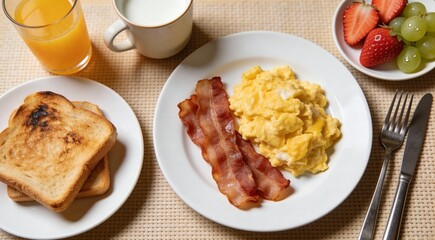 Morning Scrambled egg, bacon breakfast with orange juice, milk, fruit, bread on white plate.