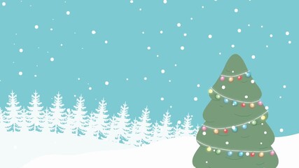 Snowy winter scene with turquoise sky, row of white pines, and a festively lit green Christmas tree - Powered by Adobe