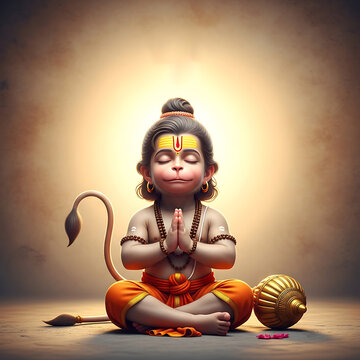 Cute Bal Hanuman meditating in lotus pose with closed eyes and golden mace beside him
