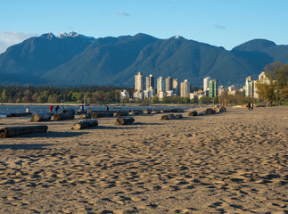 View of downtown Vancouver from Jericho beach with the setting sun