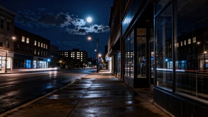 Full moon illuminates a wet downtown street lined with historic brick buildings and storefront windows during a dark night.