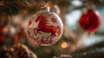 New Year's ball with the image of the symbol of 2026 - a horse on a Christmas tree branch