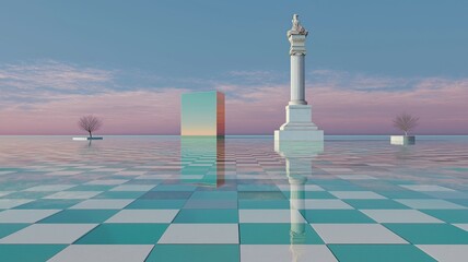 Naklejka premium Vaporwave surreal landscape with classical statue, tiled floor, columns, potted plant in a dreamy and aesthetic scene