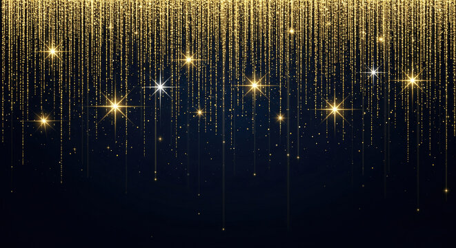 Vertical gold-glittering light strips and bright stars on a black-and-blue background. An abstract, bright background for New Year's, celebrations, parties, and luxury events.