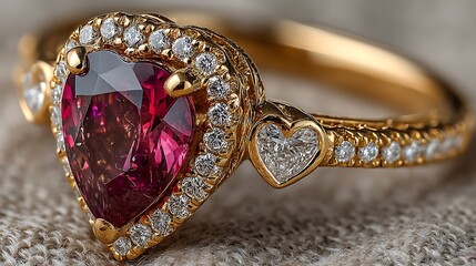 Exquisite gold ring featuring heartshaped red gemstone and diamond halo symbol of lasting love