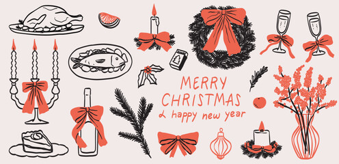 Plakat Retro whimsical vintage new year home decor set in doodle line art print style. Christmas whimsy decorations with bow, ribbons, candles. Hand drawn ink winter holiday party invitation card elements.
