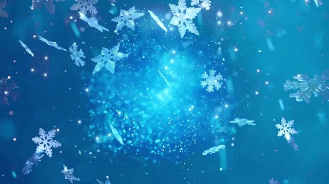 A vibrant blue scene of drifting snowflakes and icy bursts silhouetted near starlit light. In frost