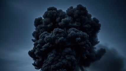 Massive black smoke plume rising dramatically against a dark blue sky, indicating an environmental emergency