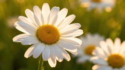 Obraz premium White daisy flower blooming in a green field dramatically backlit by warm golden hour sunlight.