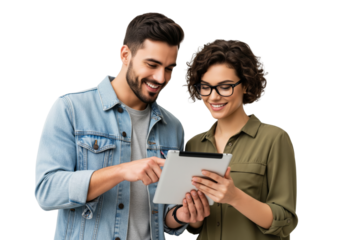 Business people working together with tablet isolated on white or transparent background