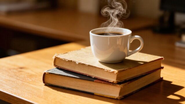 Steaming black coffee in a white ceramic mug resting on a stack of two worn vintage hardcover books bathed in warm morning light. - Powered by Adobe