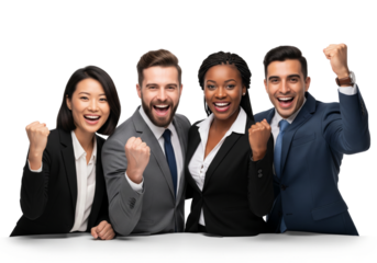 Happy business team celebrating success isolated on white or transparent background