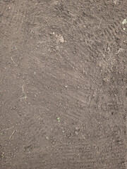 Brown cultivated soil surface with small clods and roots.