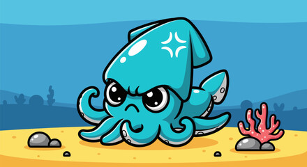 Cute cartoon squid with an angry expression underwater.