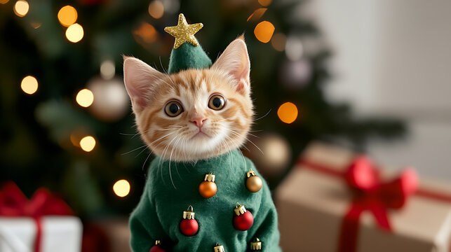 Holiday cuteness overload! This adorable kitten is dressed as a Christmas tree, complete with a star hat and ornament details, a unique festive look. #ChristmasCat #HolidayCheer