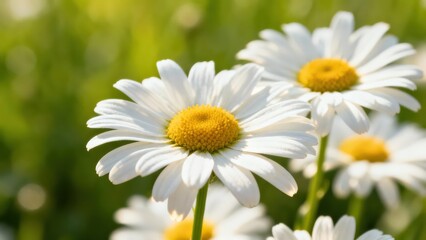 Multiple bright white daisy flowers with yellow centers growing vibrantly in a sunny garden field against soft green background bokeh.