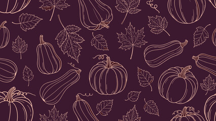 Seamless autumn pattern with hand-drawn outline pumpkins, gourds, and maple leaves on a dark purple background for fall holiday decor.