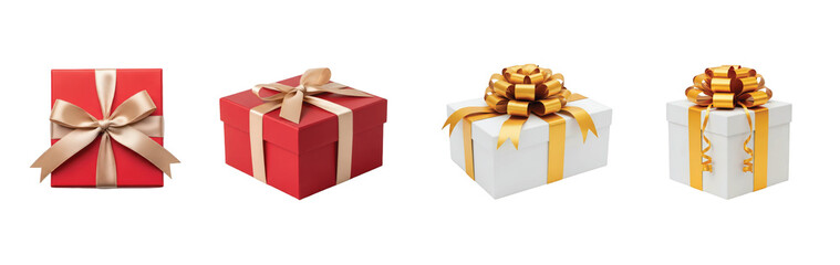 Obraz premium Four decorative gift boxes with ribbons isolated on transparent background