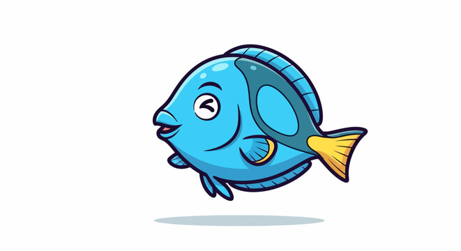 Cute Blue Tang Fish Cartoon Illustration Swimming Happily.