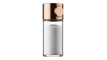 Isolated shaker of white sea salt with copper accents, food ingredient and flavor enhancer