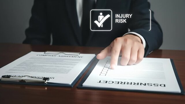 Legal Inquiry Concept Man in Dark Suit Presses Virtual Button with Graphic on Dark Brown Desk with Documents in Legal Setting