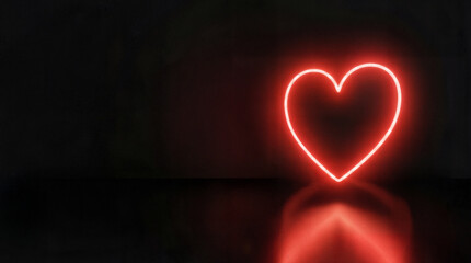 Glowing red neon heart symbol on a dark reflective surface, creating a modern and romantic atmosphere. Perfect for Valentine&rsquo;s Day, love concepts, and signage design