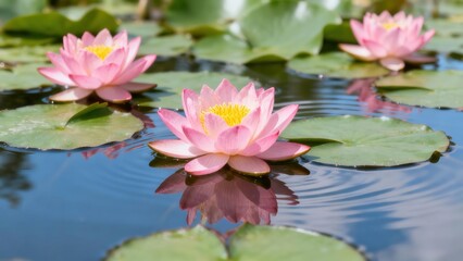 Three vibrant pink water lily flowers with bright yellow centers bloom in tranquil blue pond water.