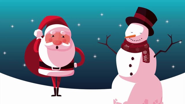 A jolly Santa and a friendly snowman stand in a snowy, starry night beneath a teal sky, gentle glow