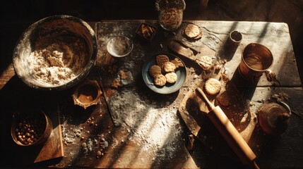 Warm Rustic Cookie Baking Setup with Dough, Wooden Tools and Sunlit Table
