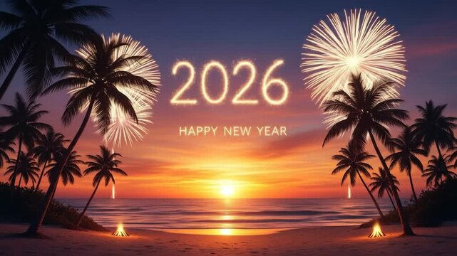 Happy New Year 2026, a celebration on a quiet beach with fireworks and palm trees at sunset. 4k video