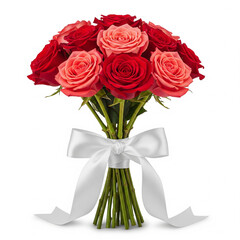 A romantic bouquet of red and pink roses, tied with a white satin ribbon, perfect for expressing love and admiration for a special occasion