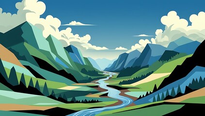 Summer alpine mountain landscape with green valleys forests and snowy peaks under a cloudy sky