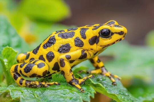 Brightly colored yellow poison dart frog perched on a green leaf