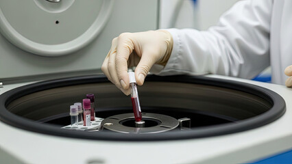 Laboratory technician placing blood sample in centrifuge for analysis  