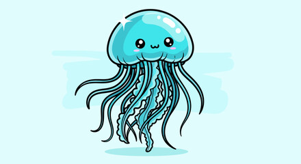 Cute Cartoon Jellyfish with Big Eyes and Tentacles.