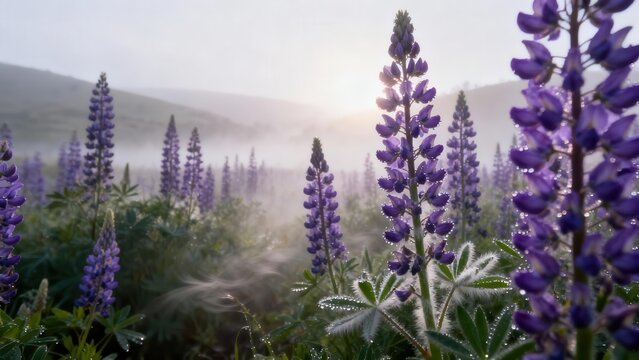 Dew covered purple lupine flower spikes rising through thick morning fog backlit by the warm sunrise glow over rolling green hills. - Powered by Adobe