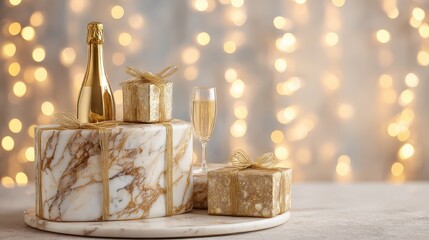 Opulent gift set on marble table with champagne and golden lights, New Year luxury celebration.