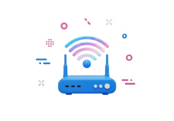 Blue Wi-Fi Router with Signals and Icons on White Background