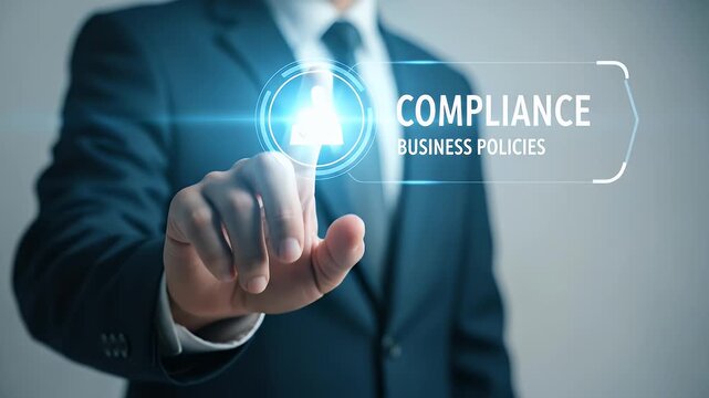 Businessman in Dark Suit Touches Compliance Icon with Finger on Grey Background Business Policies and Procedures Regulations