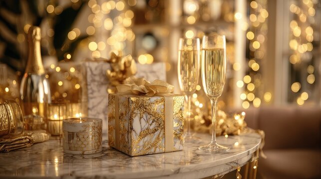 Opulent gift set on marble table with champagne and golden lights, New Year luxury celebration. - Powered by Adobe