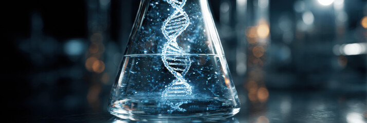 Glowing blue dna helix molecule inside laboratory flask symbolizes hopeful future. Biology and chemistry research create innovation in biotechnology and genetic science