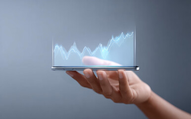 Futuristic technology concept with hand holding smartphone showing holographic graph. Business data analysis on digital display for finance and stock market growth