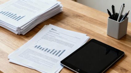 Obraz premium Stacked business reports featuring financial bar charts and a black screen digital tablet placed on a smooth wooden office desk.